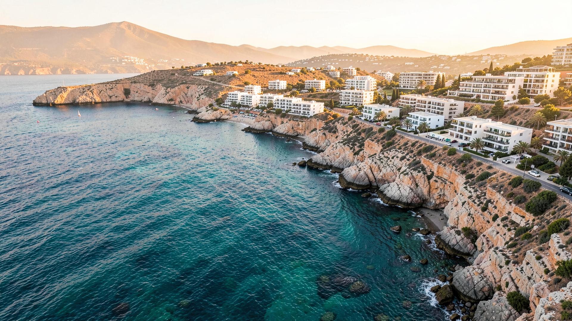 Aerial view of the Cyprus coastline with apartments above turquoise sea